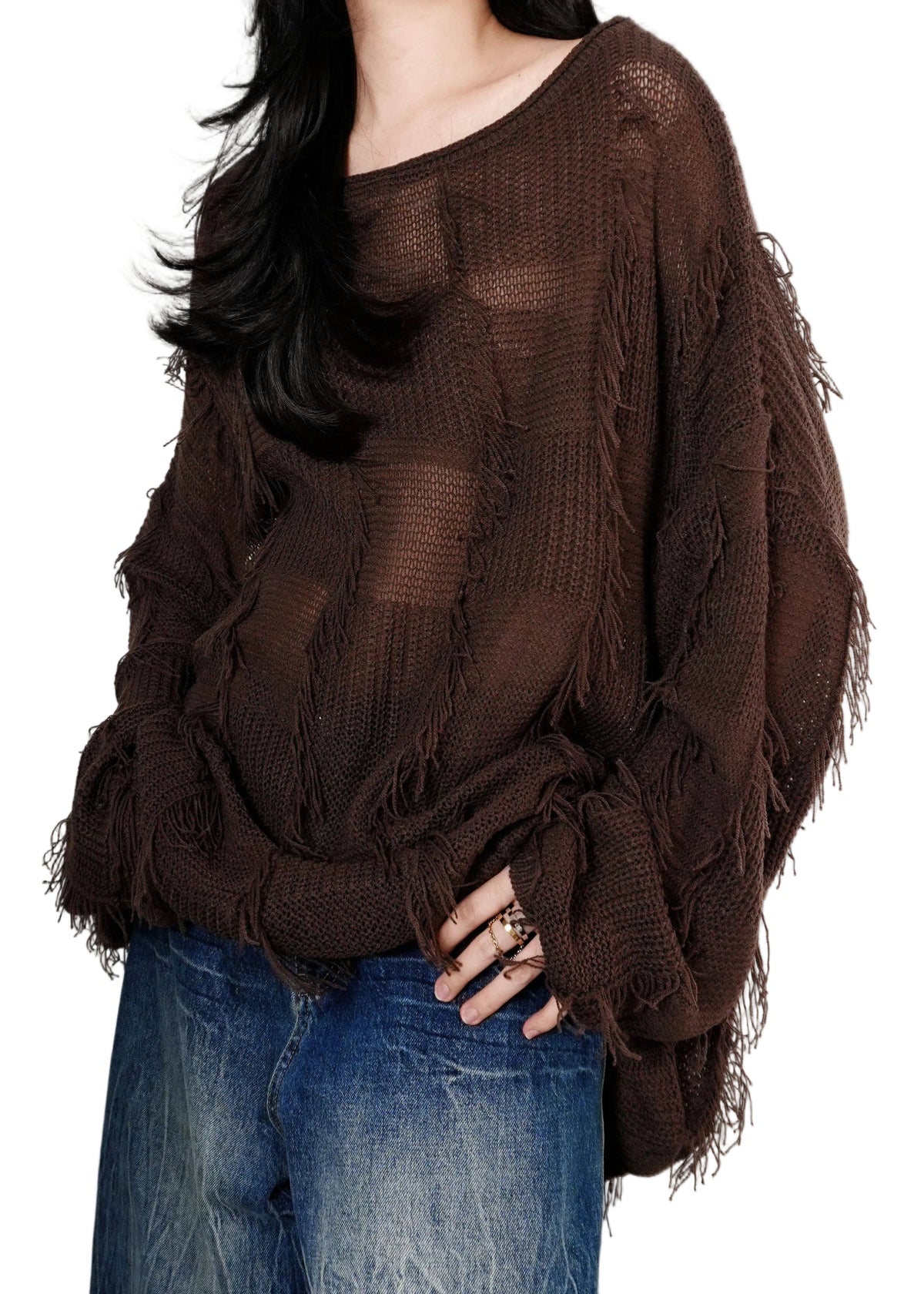 Pull Femme Col Rond Asymétrique avec Pompons Style Patchwork 3