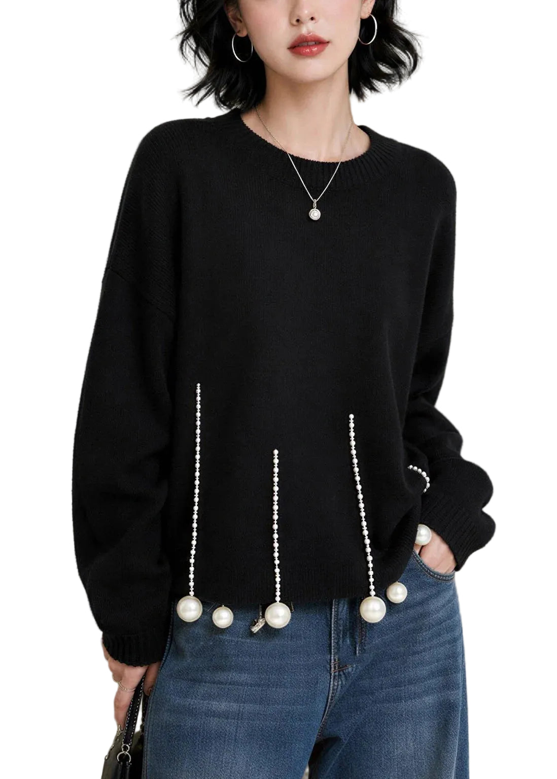 Pull Femme Col Rond Manches Longues avec Détails Perles 0