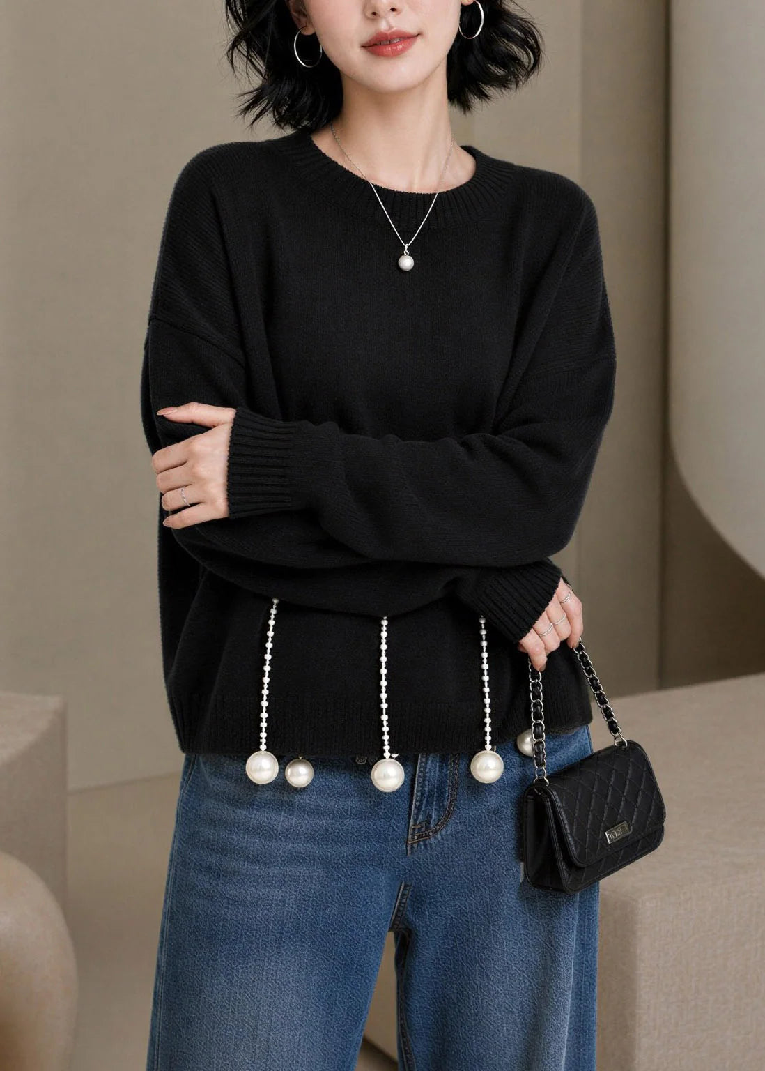 Pull Femme Col Rond Manches Longues avec Détails Perles 1