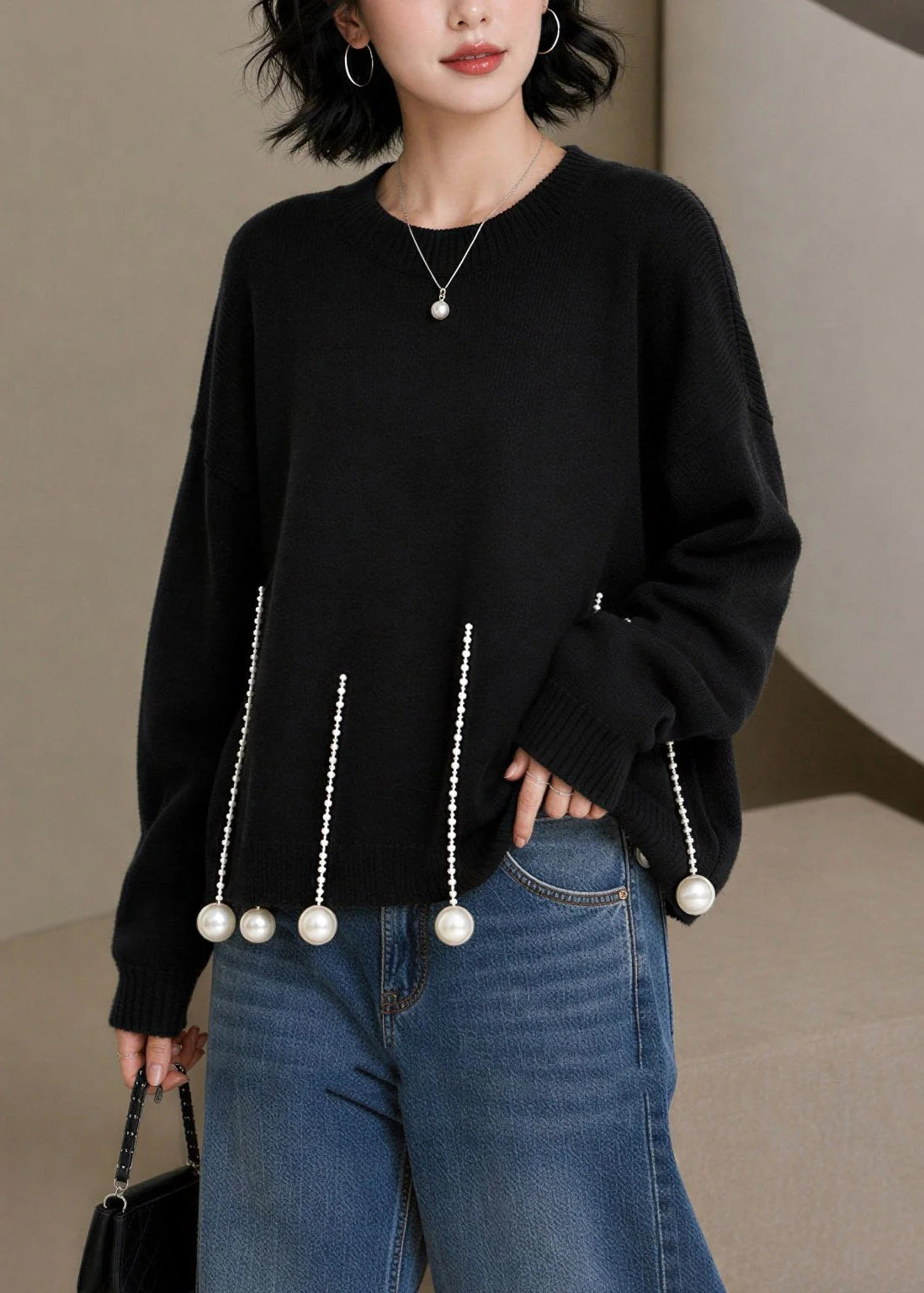 Pull Femme Col Rond Manches Longues avec Détails Perles 2