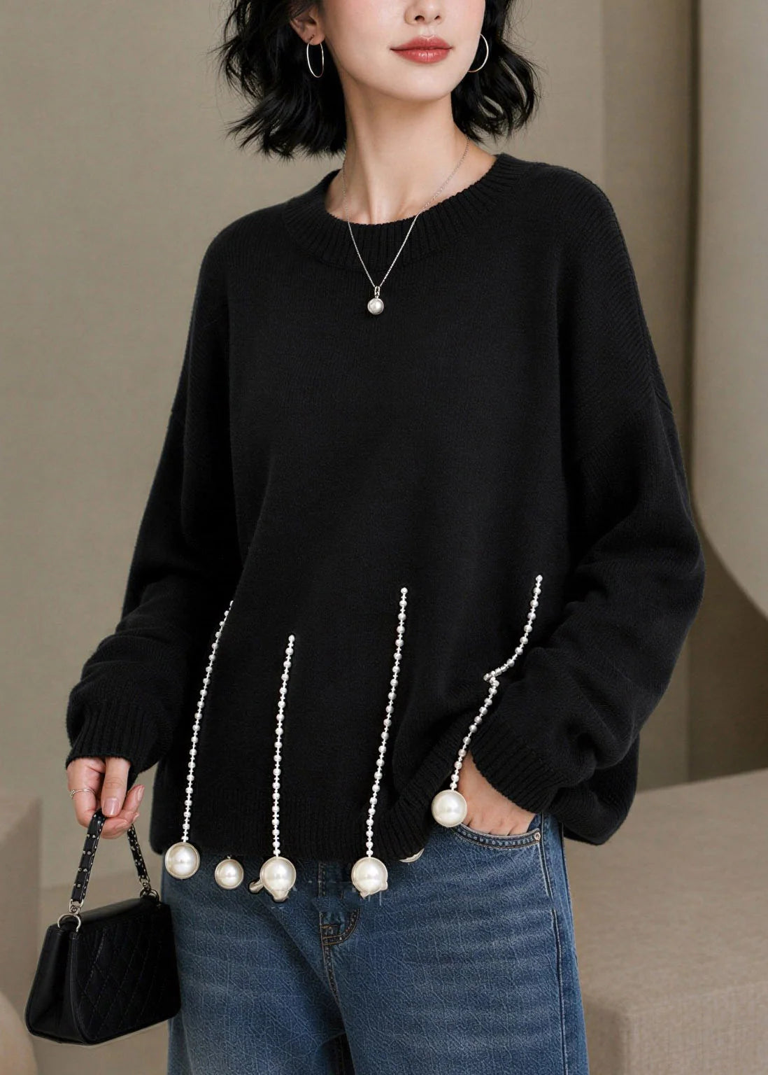 Pull Femme Col Rond Manches Longues avec Détails Perles 4