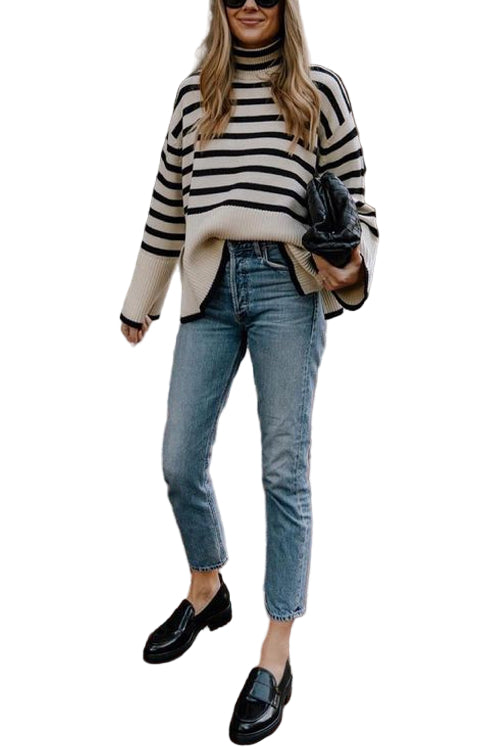 Pull Femme Col Roulé Rayé avec Fente Sur le Côté 0