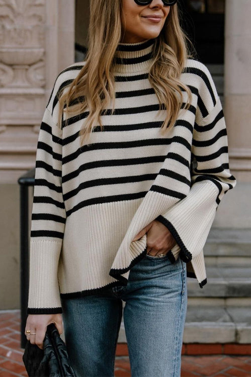 Pull Femme Col Roulé Rayé avec Fente Sur le Côté 1