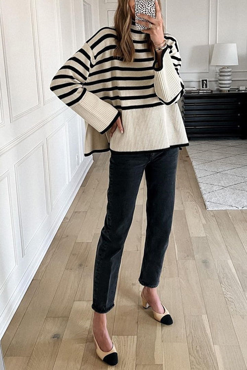 Pull Femme Col Roulé Rayé avec Fente Sur le Côté 2