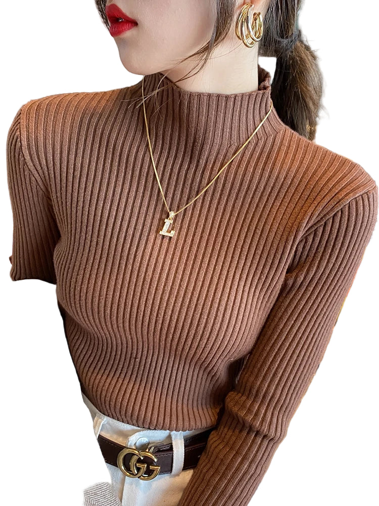 Pull Femme Col Roulé Tricoté Basique à Manches Longues 0