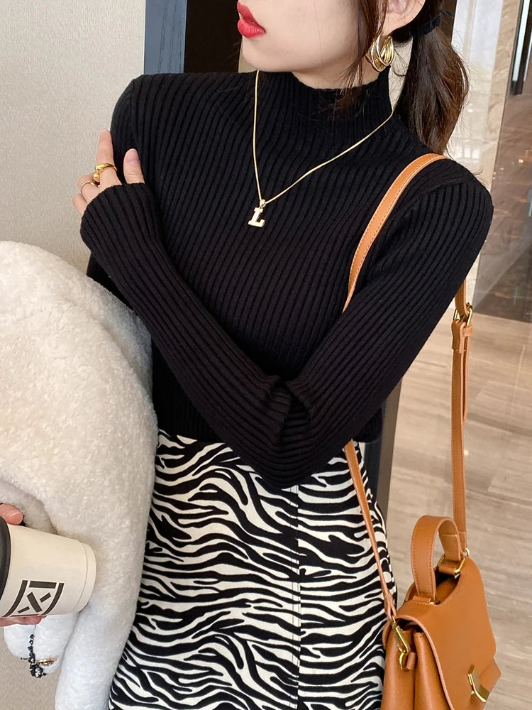 Pull Femme Col Roulé Tricoté Basique à Manches Longues 1