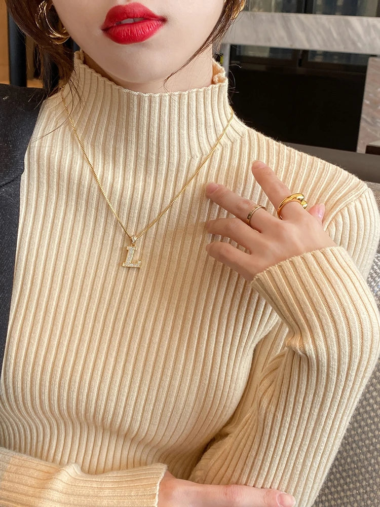 Pull Femme Col Roulé Tricoté Basique à Manches Longues 2