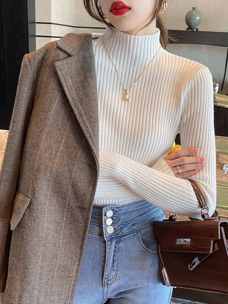 Pull Femme Col Roulé Tricoté Basique à Manches Longues 3