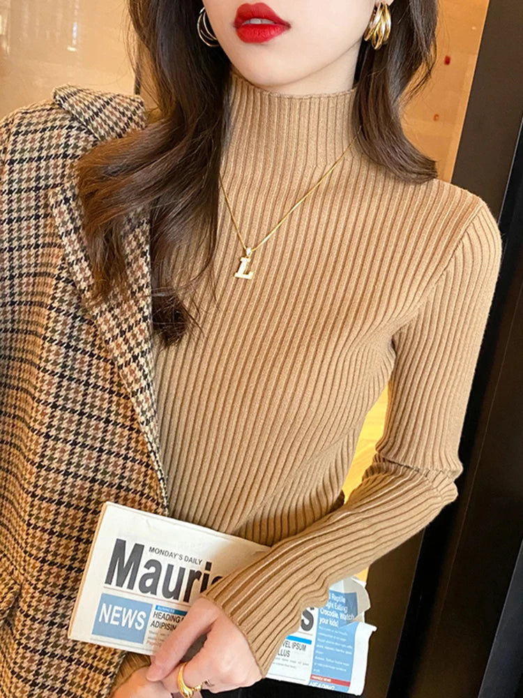 Pull Femme Col Roulé Tricoté Basique à Manches Longues 4