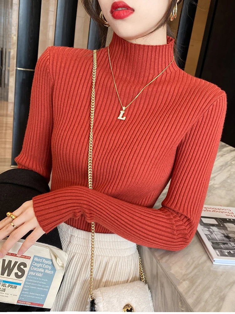 Pull Femme Col Roulé Tricoté Basique à Manches Longues 7