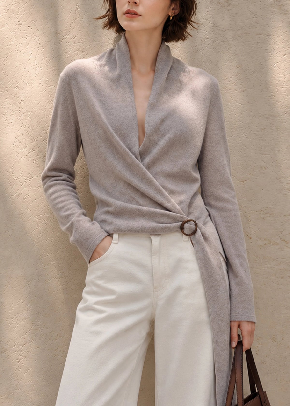 Pull Femme Col V Croisé avec Ceinture Automnal 3