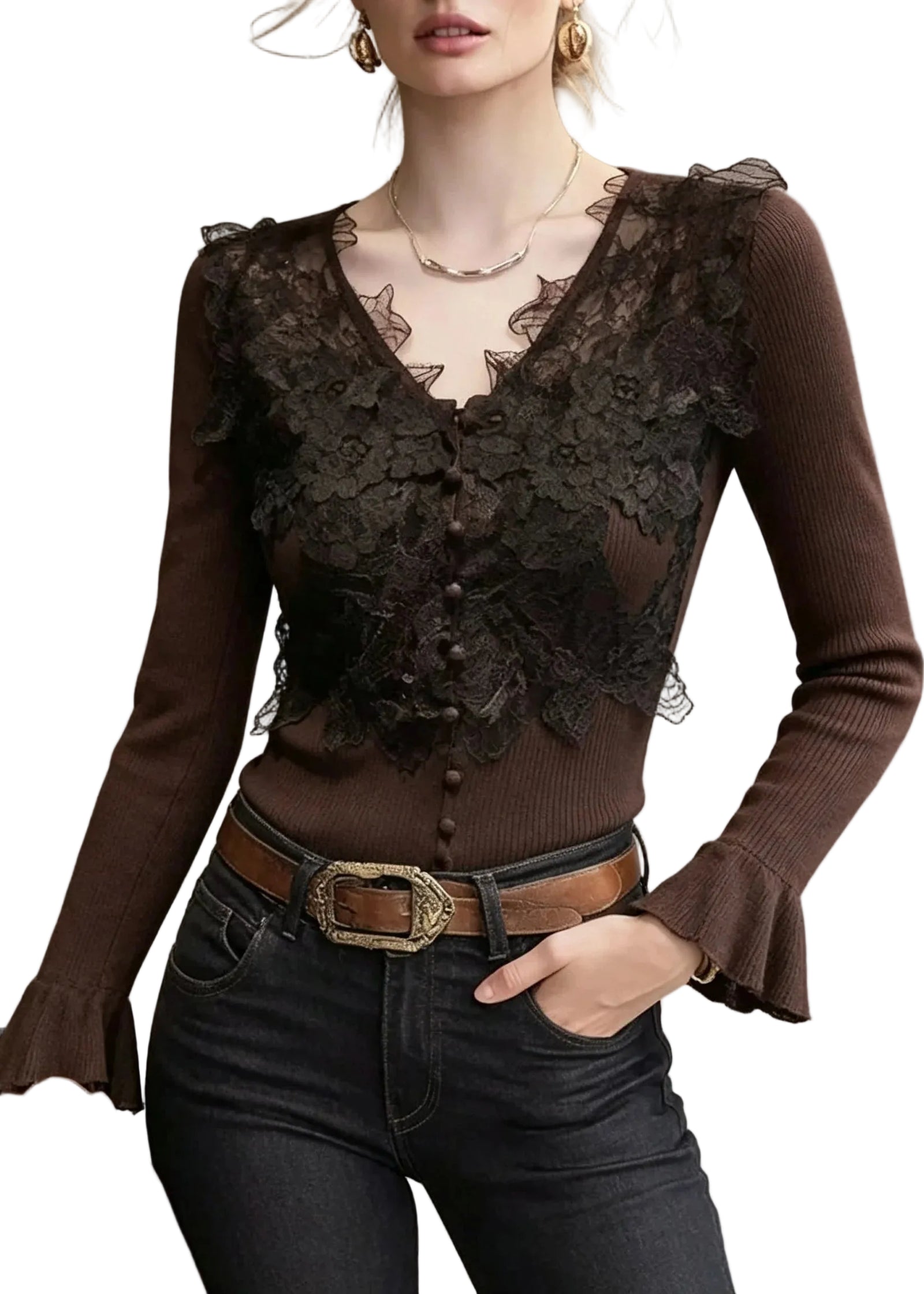 Pull Femme Col V Patchwork Manches Évasées Coupe Ajustée 0