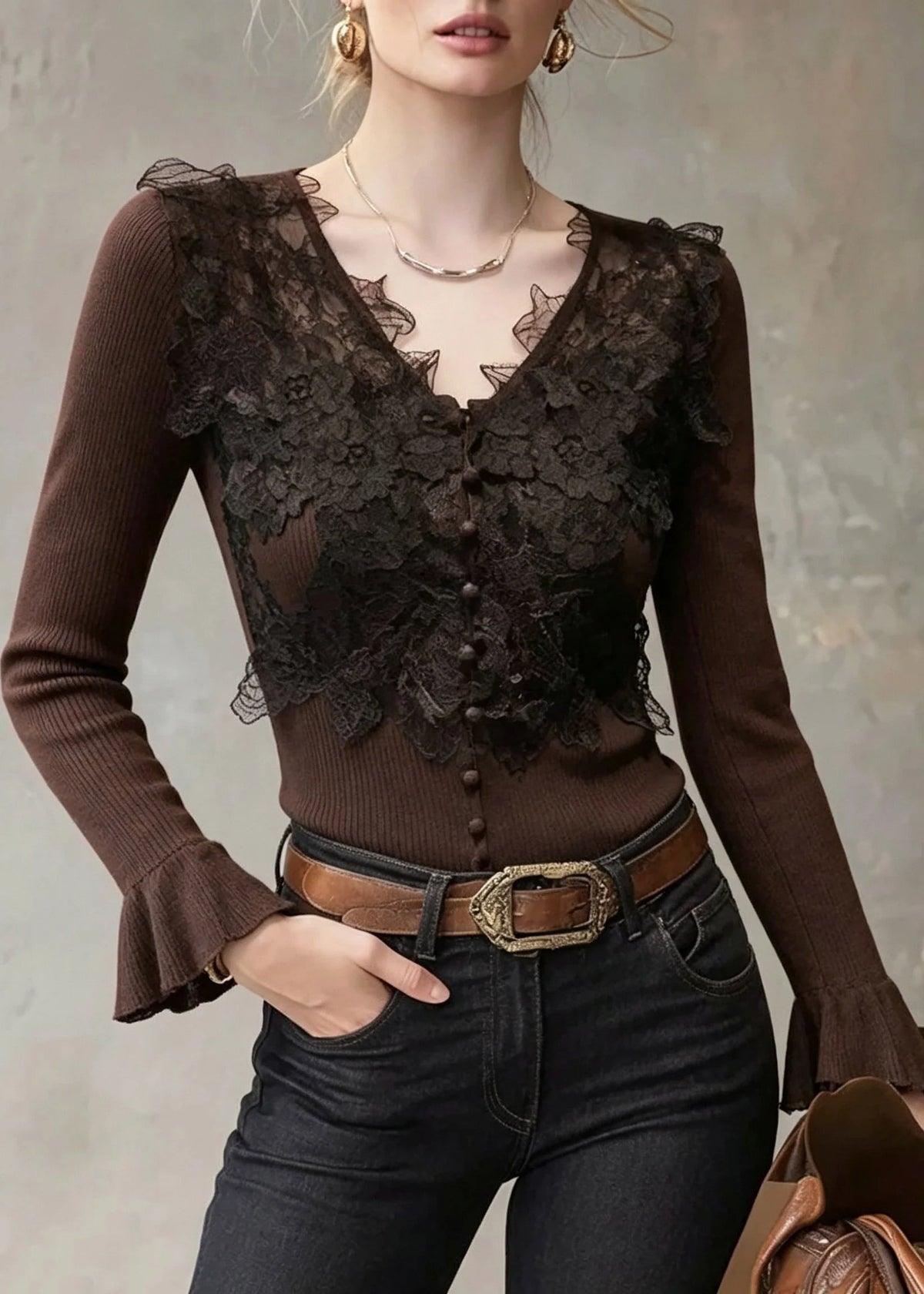 Pull Femme Col V Patchwork Manches Évasées Coupe Ajustée 2