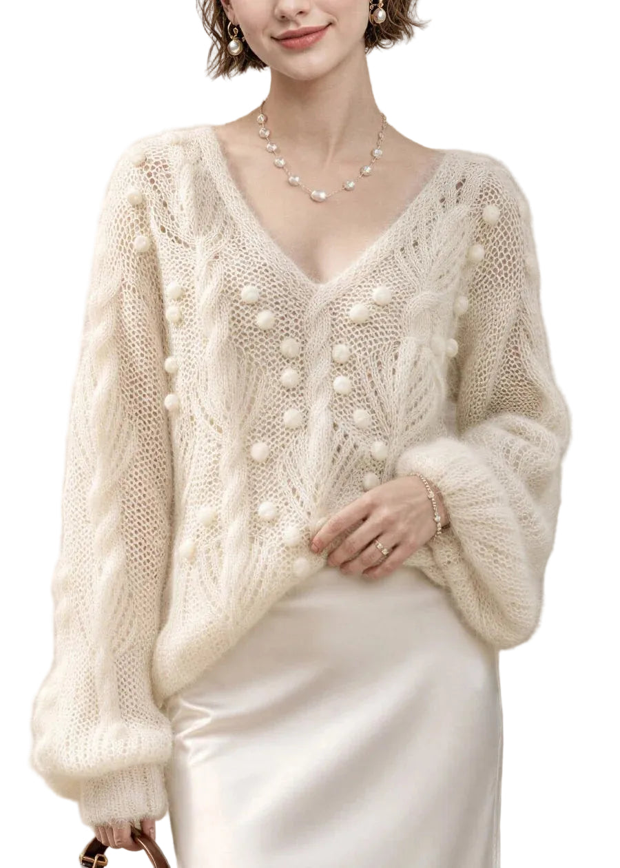 Pull Femme Col V Patchwork avec Pompons Style Automnal 0