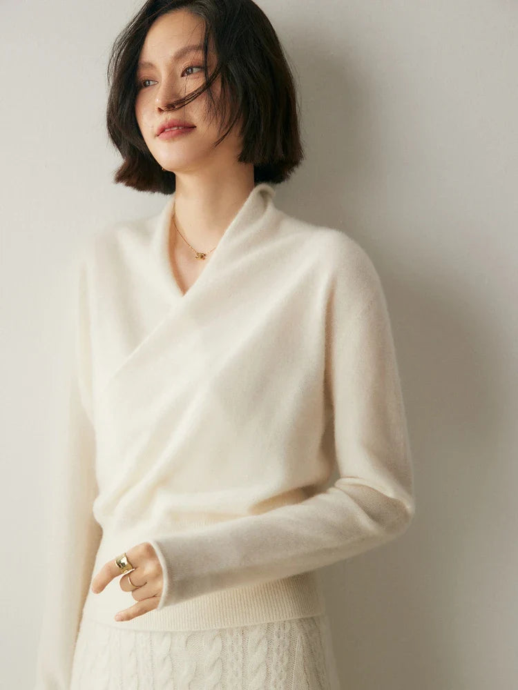 Pull Femme Col en V Drapé à Manches Longues 11
