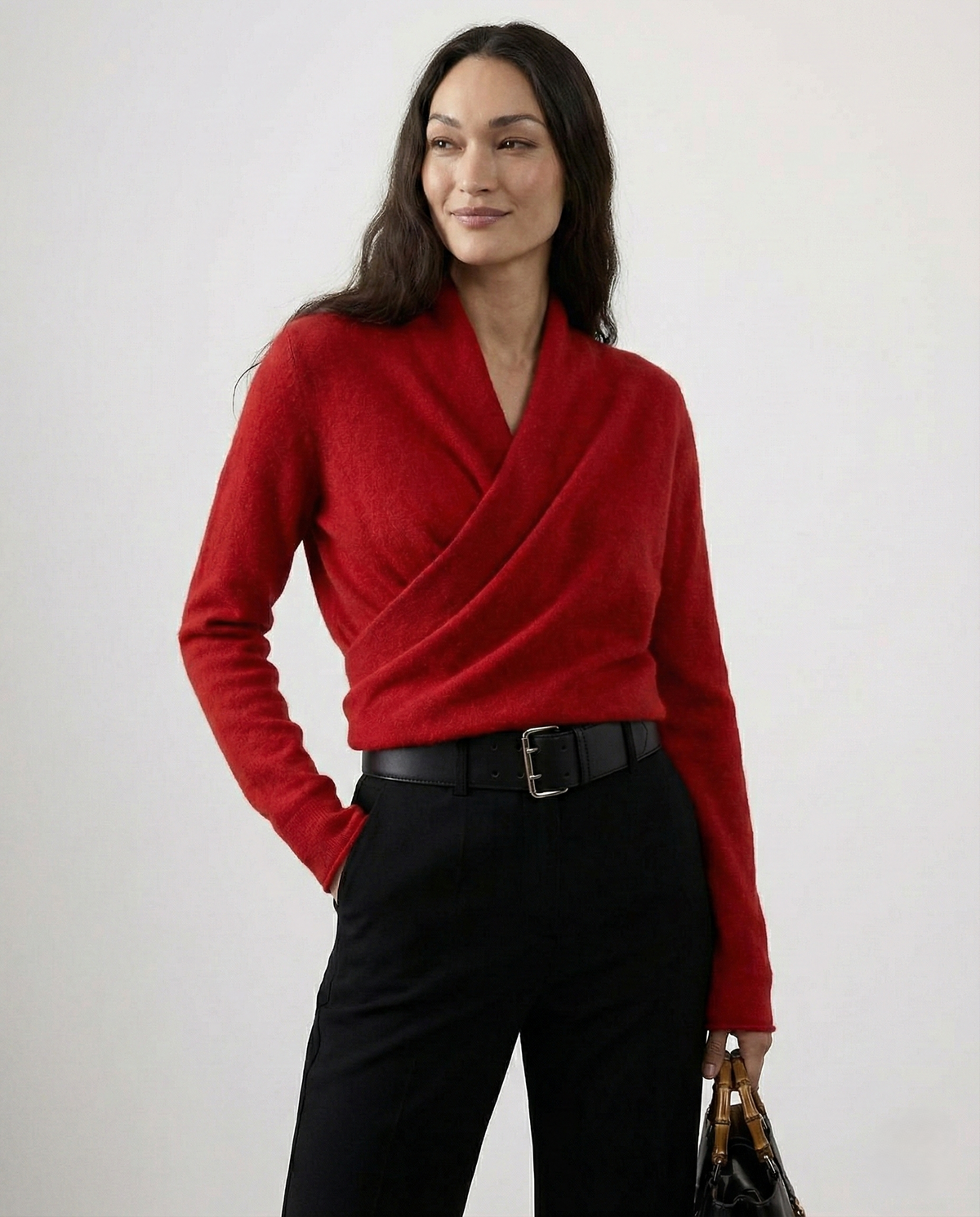 Pull Femme Col en V Drapé à Manches Longues 1