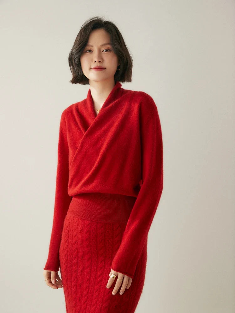 Pull Femme Col en V Drapé à Manches Longues 3
