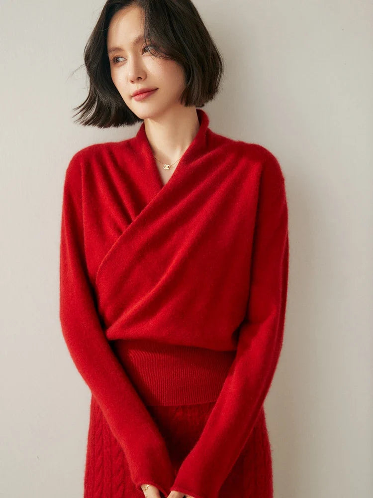Pull Femme Col en V Drapé à Manches Longues 4