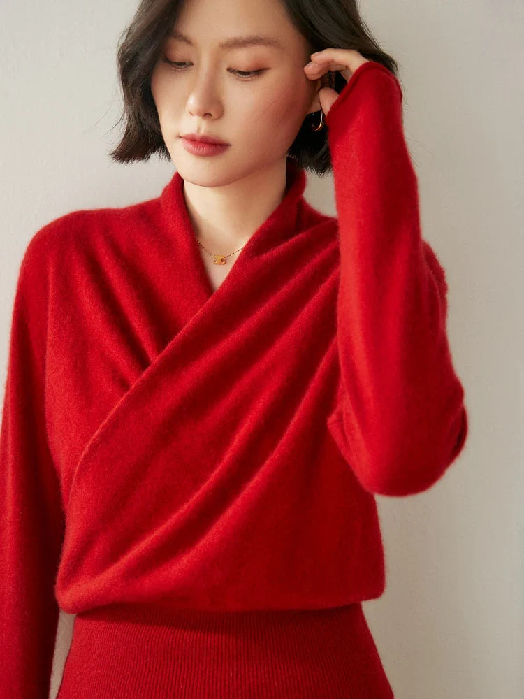 Pull Femme Col en V Drapé à Manches Longues 5