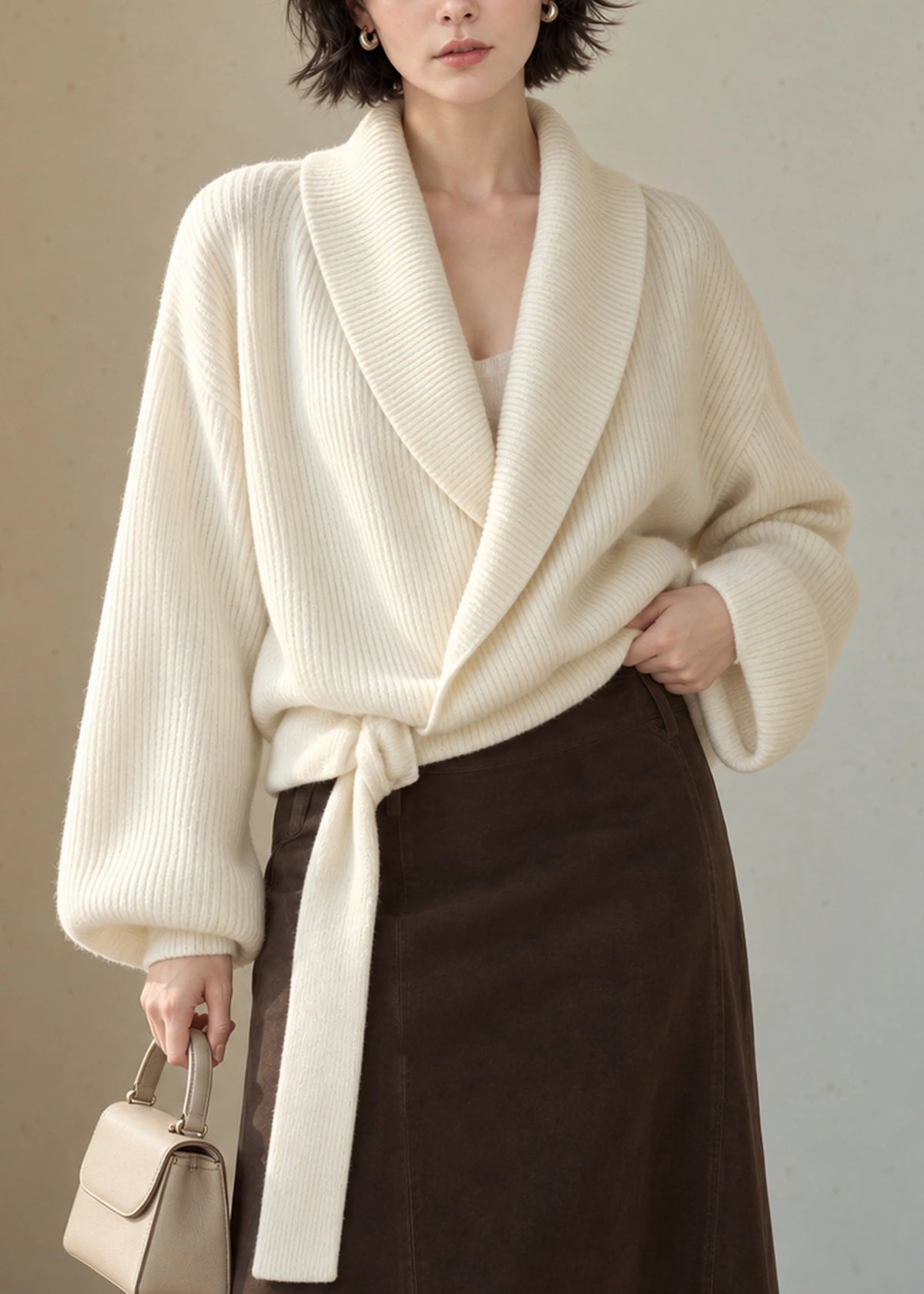 Pull Femme Décontracté Col Rabattu Manches Lanternes 2