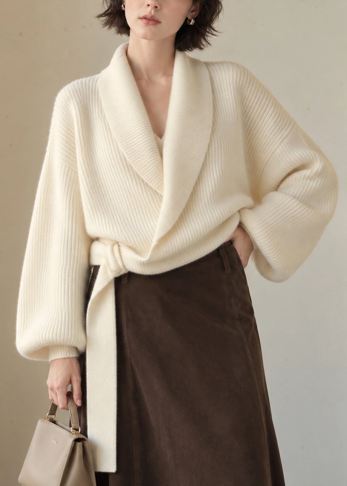 Pull Femme Décontracté Col Rabattu Manches Lanternes 3