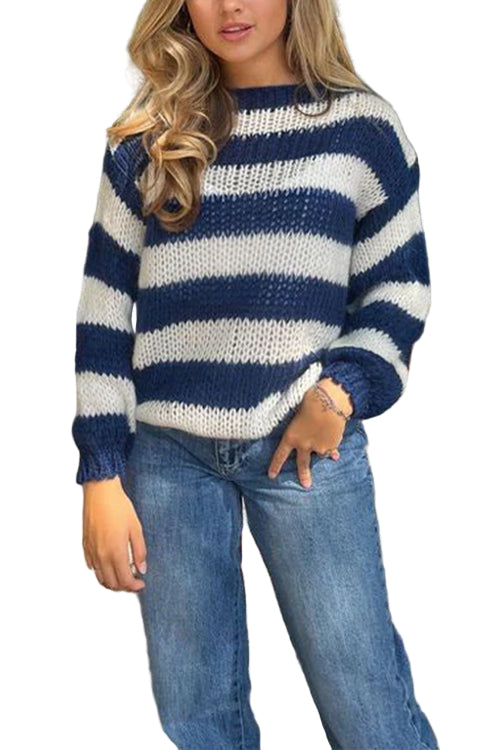 Pull Femme Décontracté à Épaules Tombantes Rayé 0