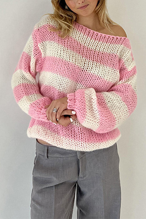 Pull Femme Décontracté à Épaules Tombantes Rayé 10