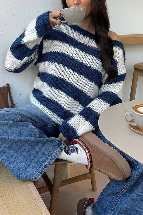 Pull Femme Décontracté à Épaules Tombantes Rayé 1