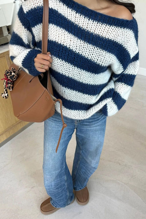Pull Femme Décontracté à Épaules Tombantes Rayé 7