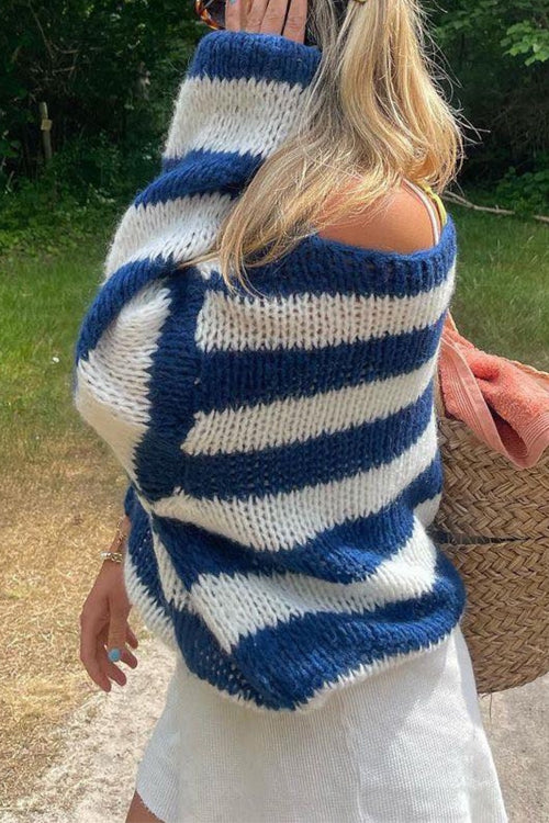 Pull Femme Décontracté à Épaules Tombantes Rayé 8