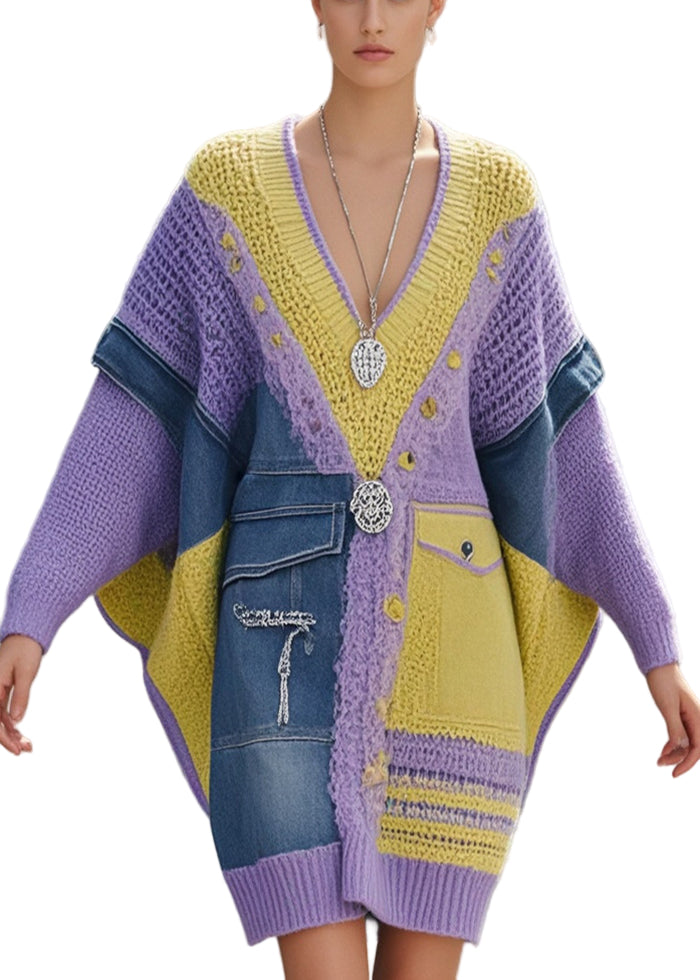 Pull Femme Long en Denim Asymétrique avec Manches Chauve-Souris 0