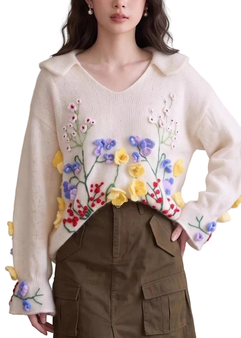 Pull Femme Maille Brodé Motifs Floraux Automne 1