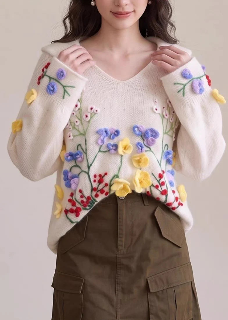Pull Femme Maille Brodé Motifs Floraux Automne 3