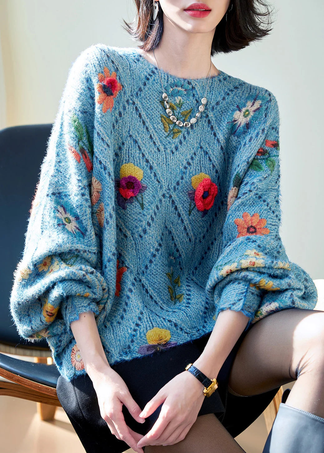 Pull Femme Oversize à Motif Floral Automnal 1