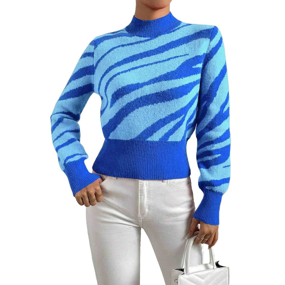 Pull Femme Tricoté Motif Zèbre Col Semi-Haut 0