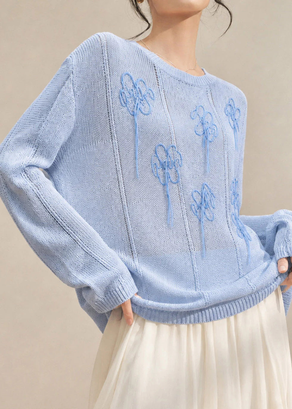 Pull Femme à Manches Longues Brodé Style Décontracté 3