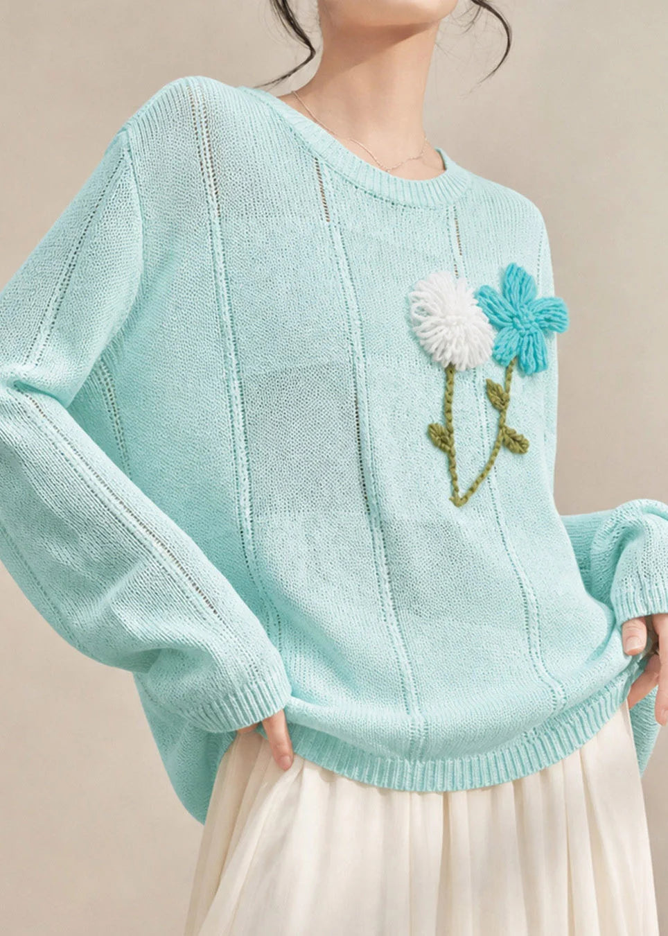 Pull Femme à Manches Longues Brodé de Fleurs 2
