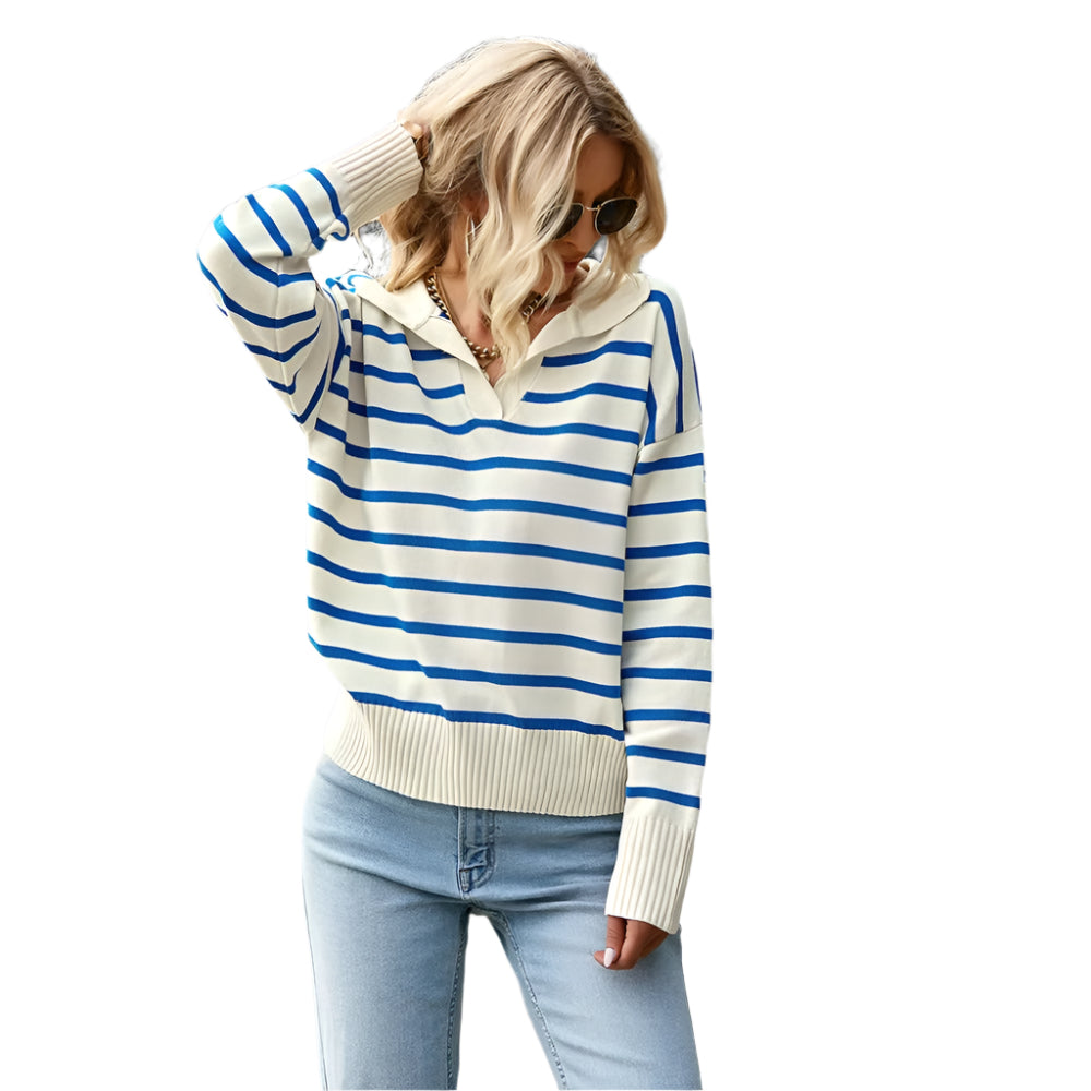 Pull Femme à Rayures Élégantes Col V 0