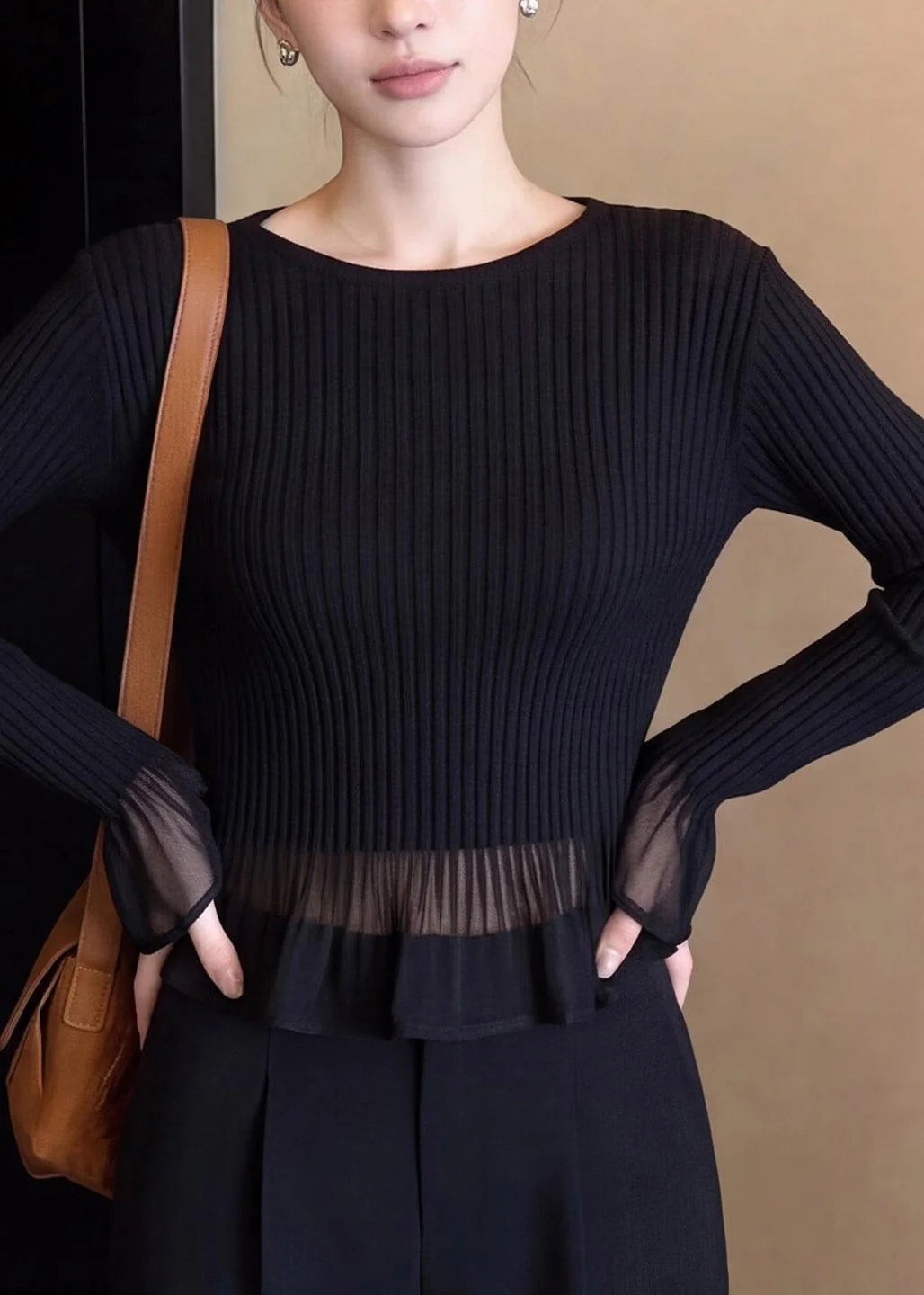 Pull Femme à Volants avec Empiècements en Tulle Style Français Automnal 2