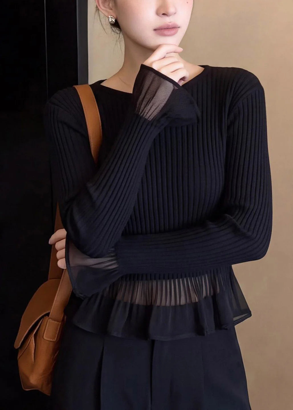 Pull Femme à Volants avec Empiècements en Tulle Style Français Automnal 3