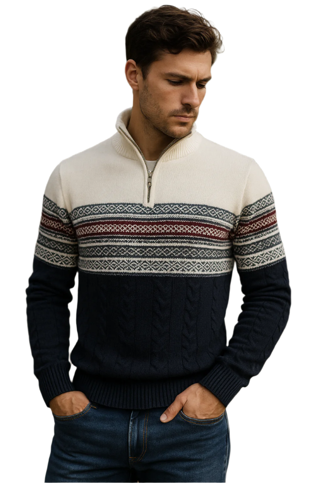 Pull Homme Col Zippé Quart Motif Norvégien Tissu Mélangé Doux 0