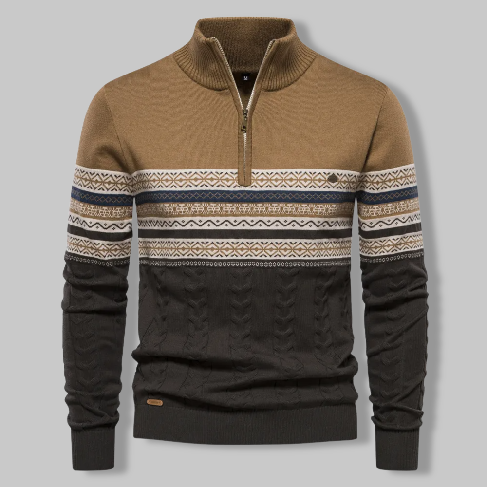 Pull Homme Col Zippé Quart Motif Norvégien Tissu Mélangé Doux 3