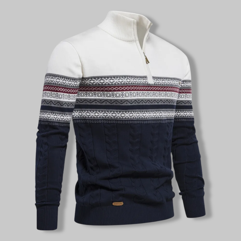 Pull Homme Col Zippé Quart Motif Norvégien Tissu Mélangé Doux 4