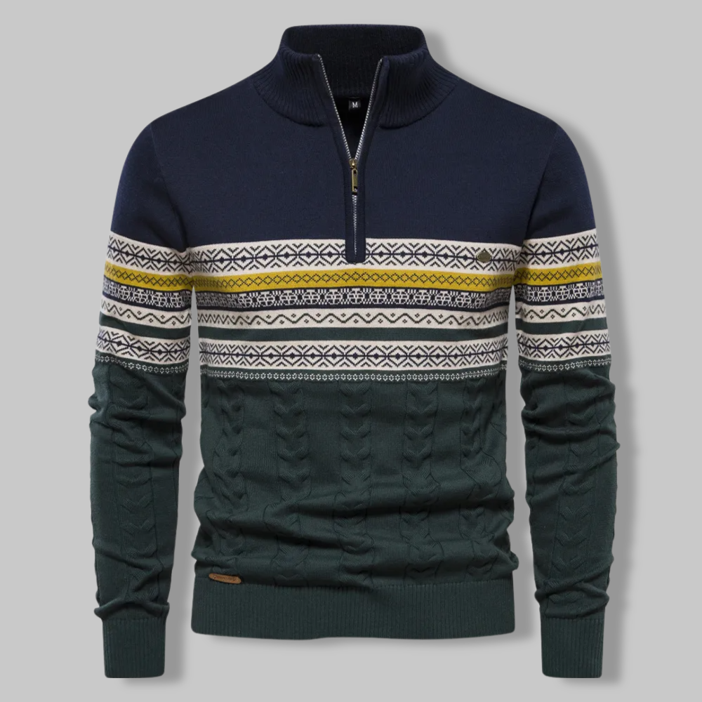 Pull Homme Col Zippé Quart Motif Norvégien Tissu Mélangé Doux 5
