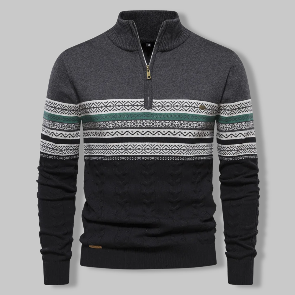 Pull Homme Col Zippé Quart Motif Norvégien Tissu Mélangé Doux 6