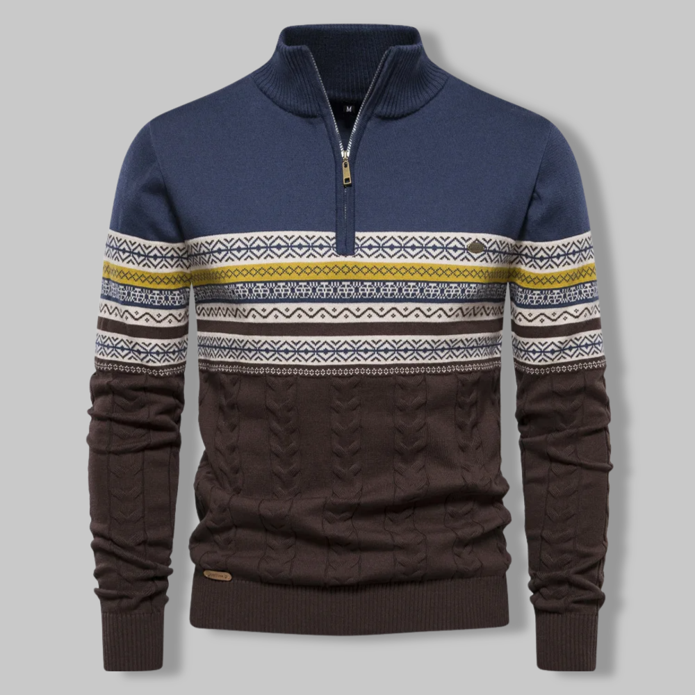 Pull Homme Col Zippé Quart Motif Norvégien Tissu Mélangé Doux 7