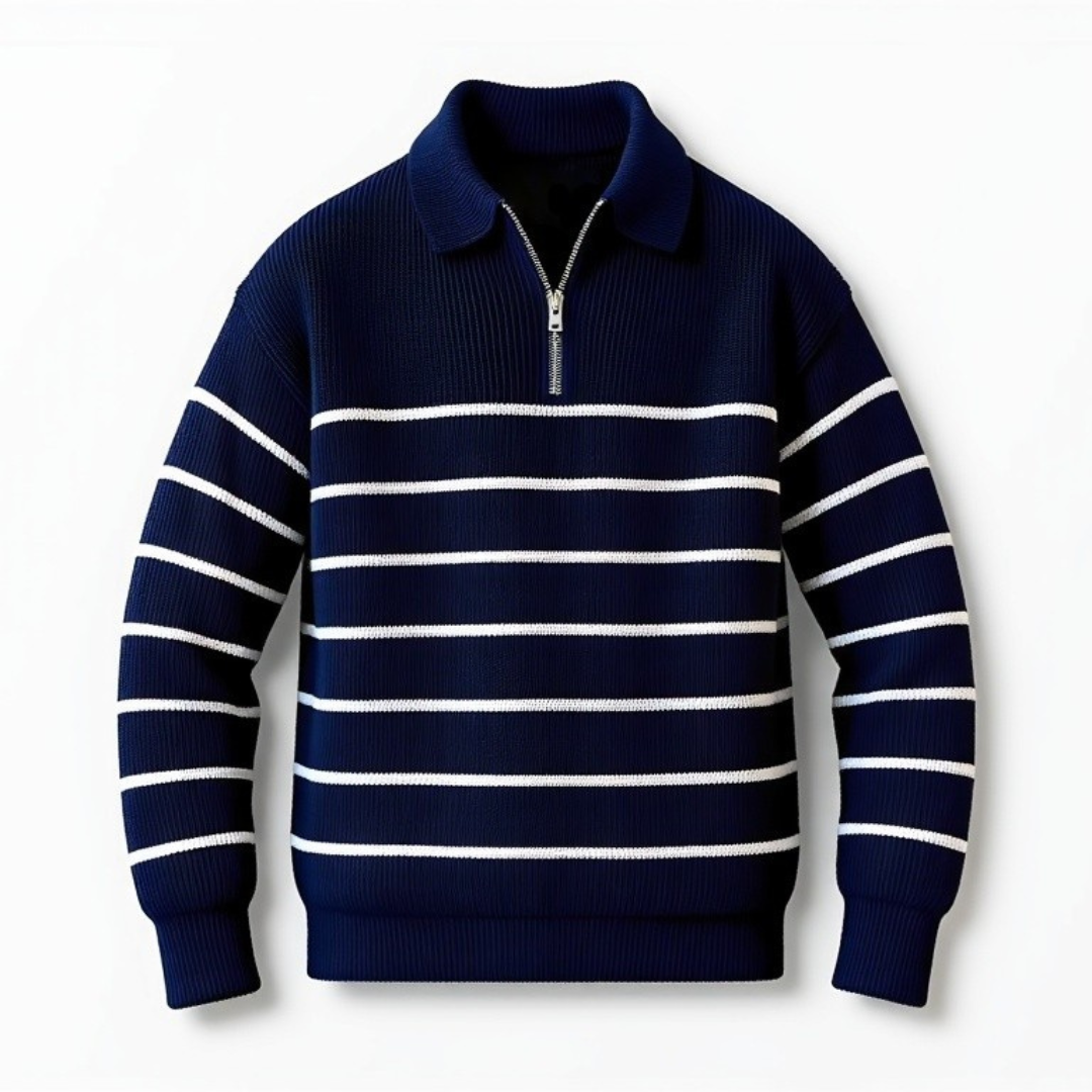 Pull Homme Nautique à Col Zippé avec Rayures Horizontales 0