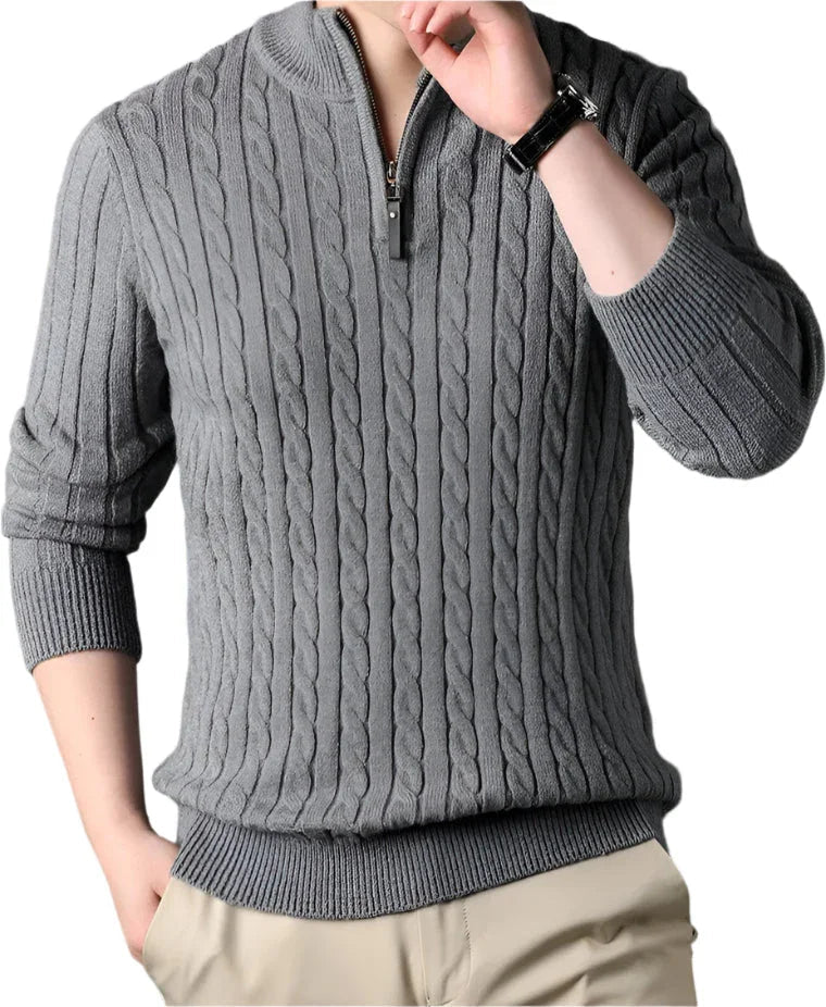 Pull Homme Zippé à Col Montant Torsadé Hiver Décontracté 0