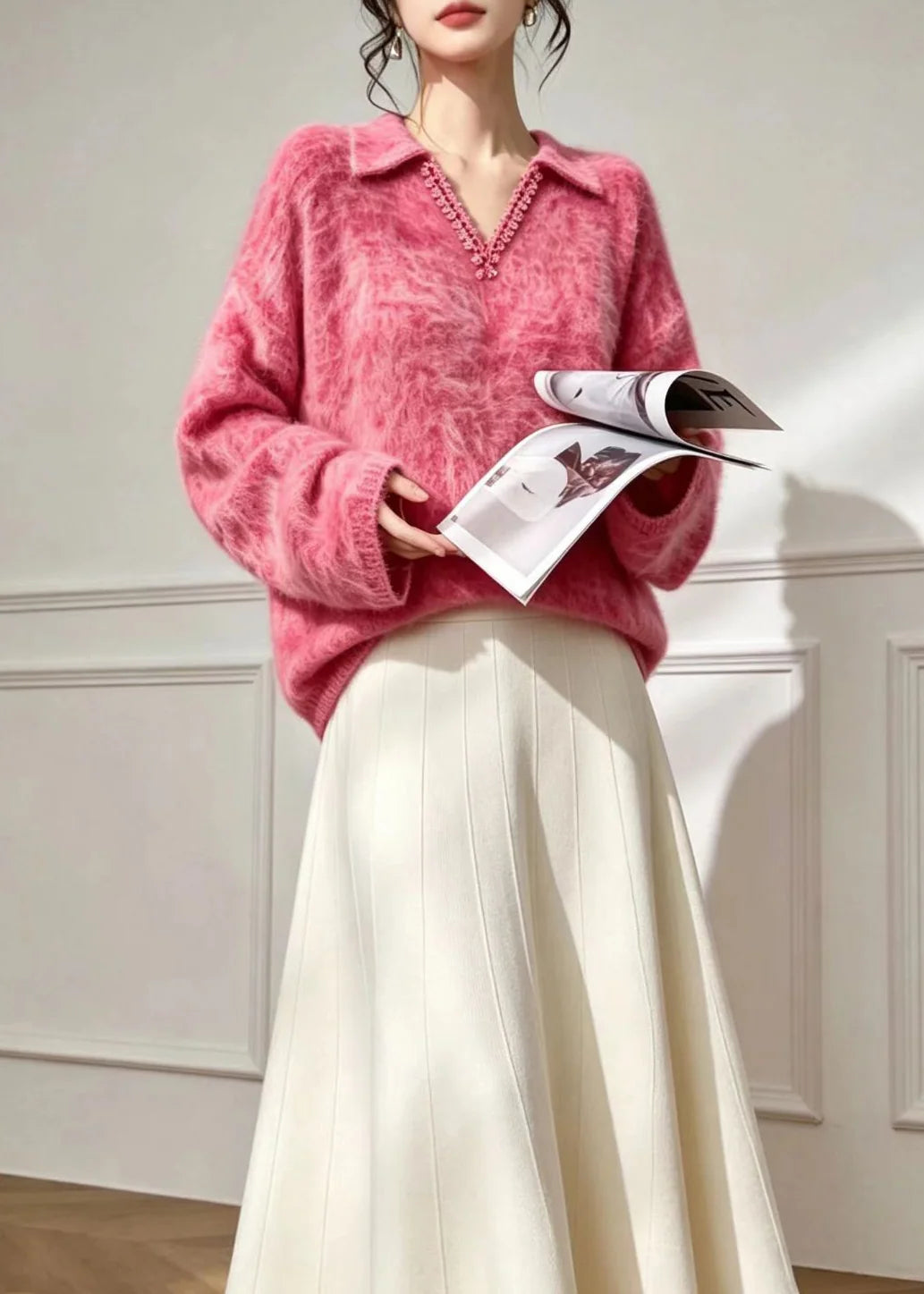 Pull Polo Femme Col V avec Bordure en Dentelle Style Automnal 4