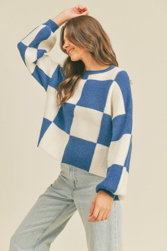 Pull à Carreaux Oversize pour Femme en Cobalt 1